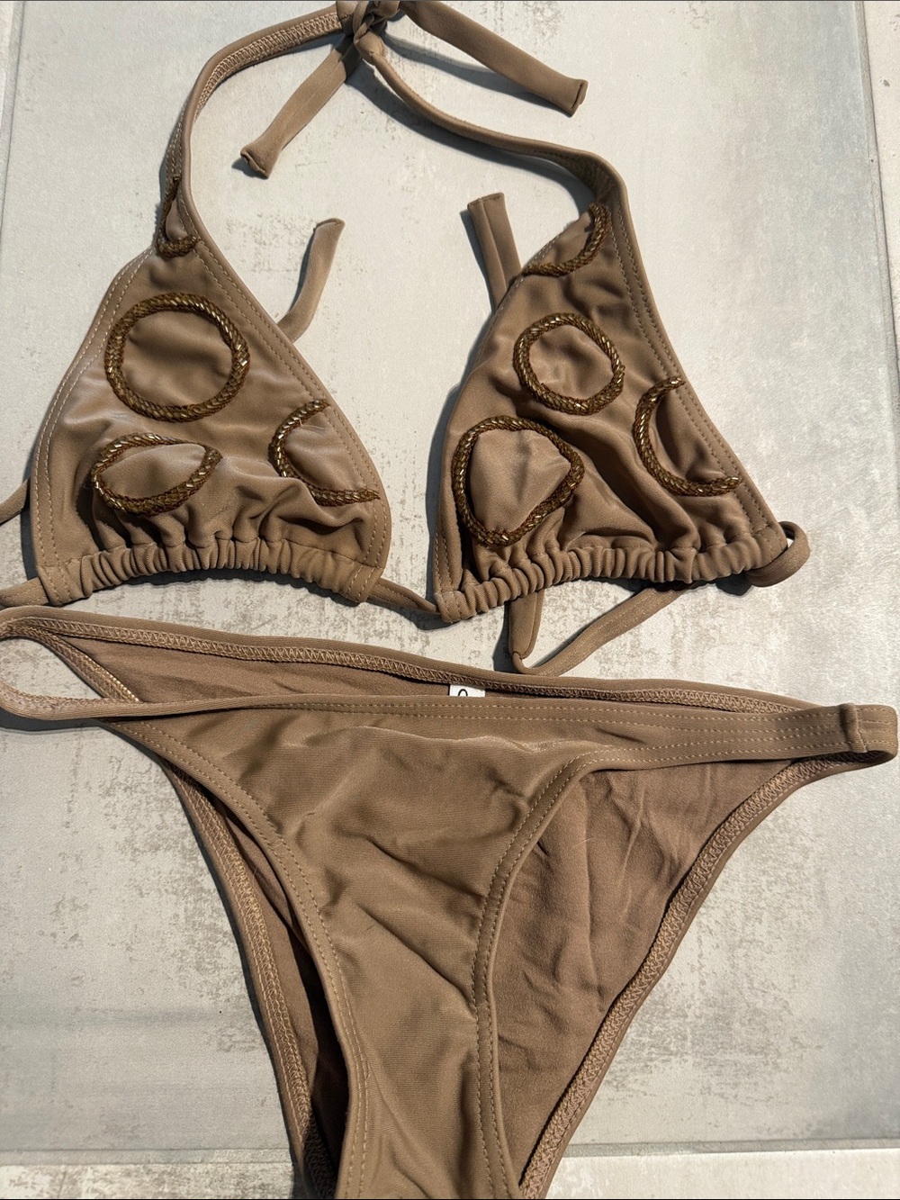 Neutral Brown Triangle Bikini Set with Beaded Ring Details